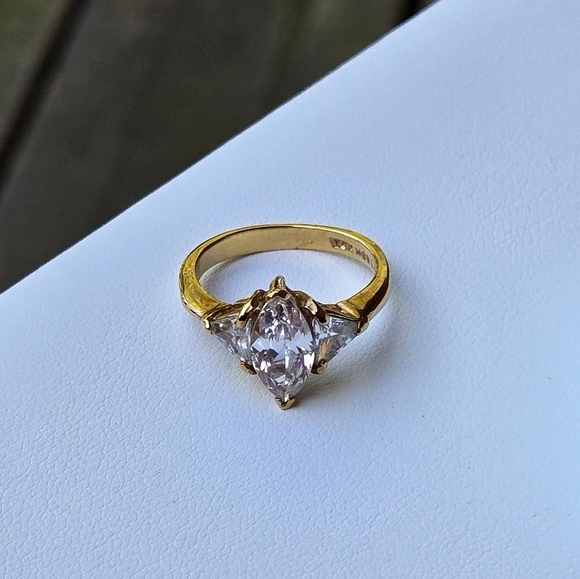 14k gold plated ring size 7 signed George Lind and rhinestone marquis engagem… - Picture 5 of 13